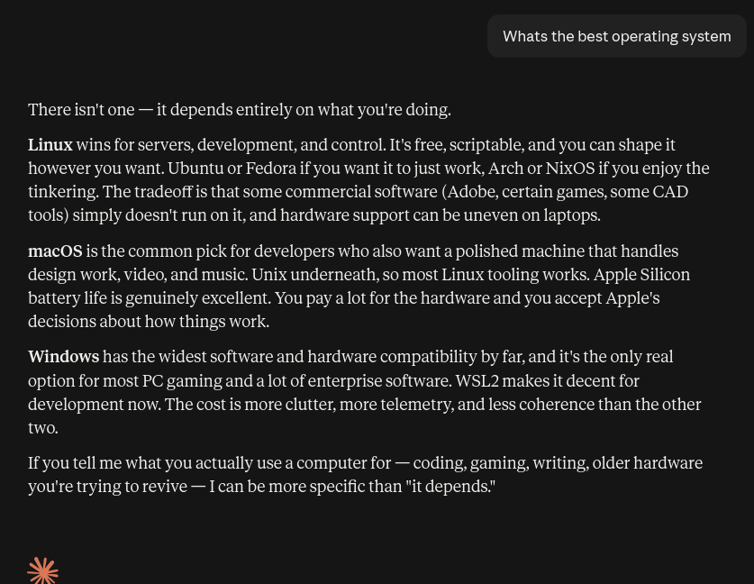 Claude answering 'What's the best operating system' without searching: there isn't one, it depends, then a paragraph each on Linux, macOS and Windows