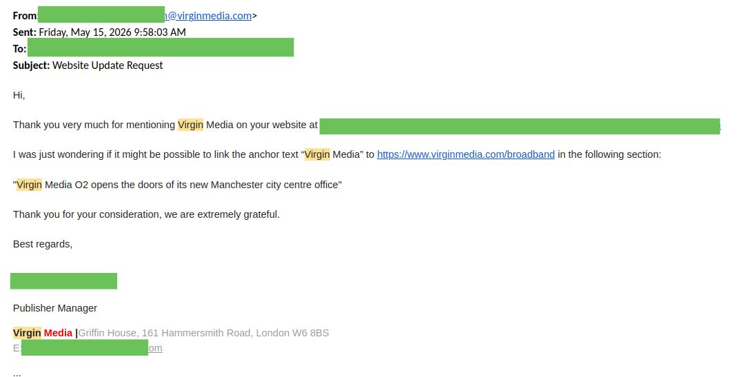 Virgin Media's outreach email asking us to add a link to their existing brand mention